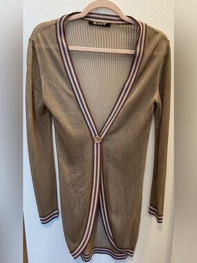 Lightweight Bronze Knit Cardigan with Striped Purple and White Trim